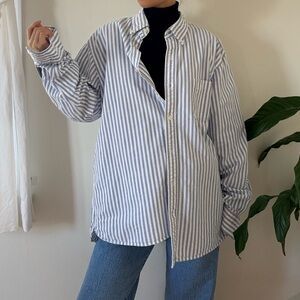 Lands End 100% Cotton White Light Blue Stripes Oxford Button Down Shirt Size L